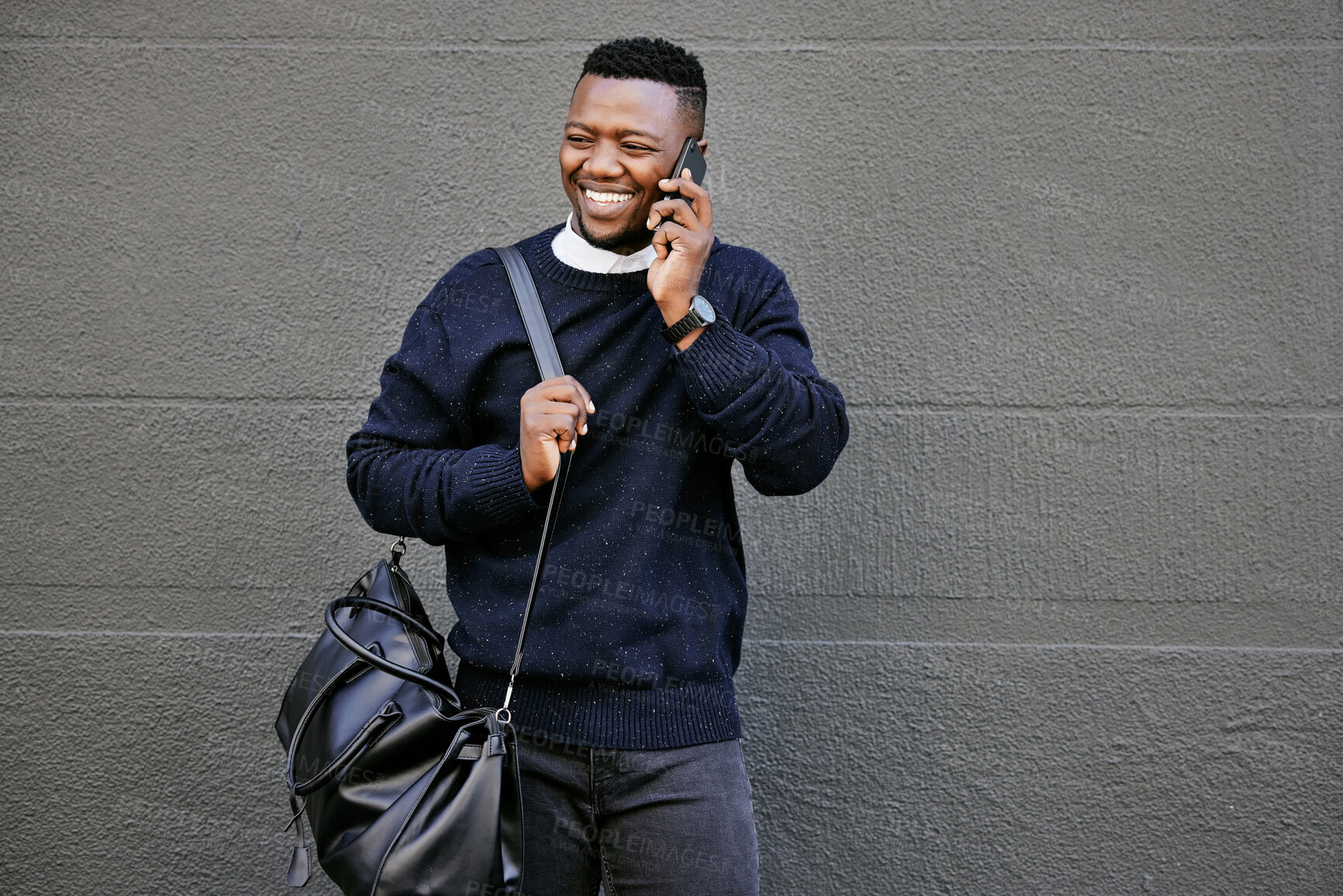 Buy stock photo Outdoor, business and black man with smile in phone call for communication or conversation in New York. Male person, gray wall and happy with commuting for work with connection and networking