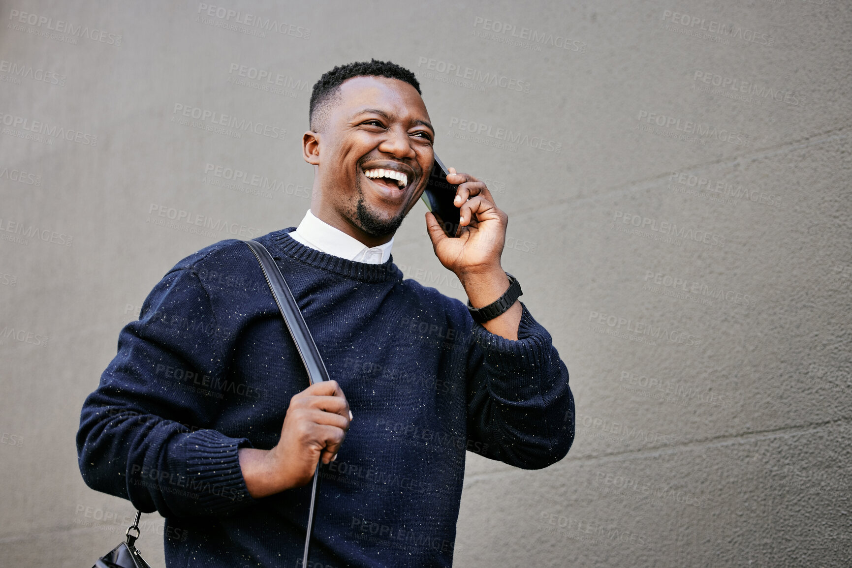 Buy stock photo Phone call, walking and black man by wall in city for communication with client for commute. Happy, cellphone and African male finance advisor with business networking, contact or connectivity.