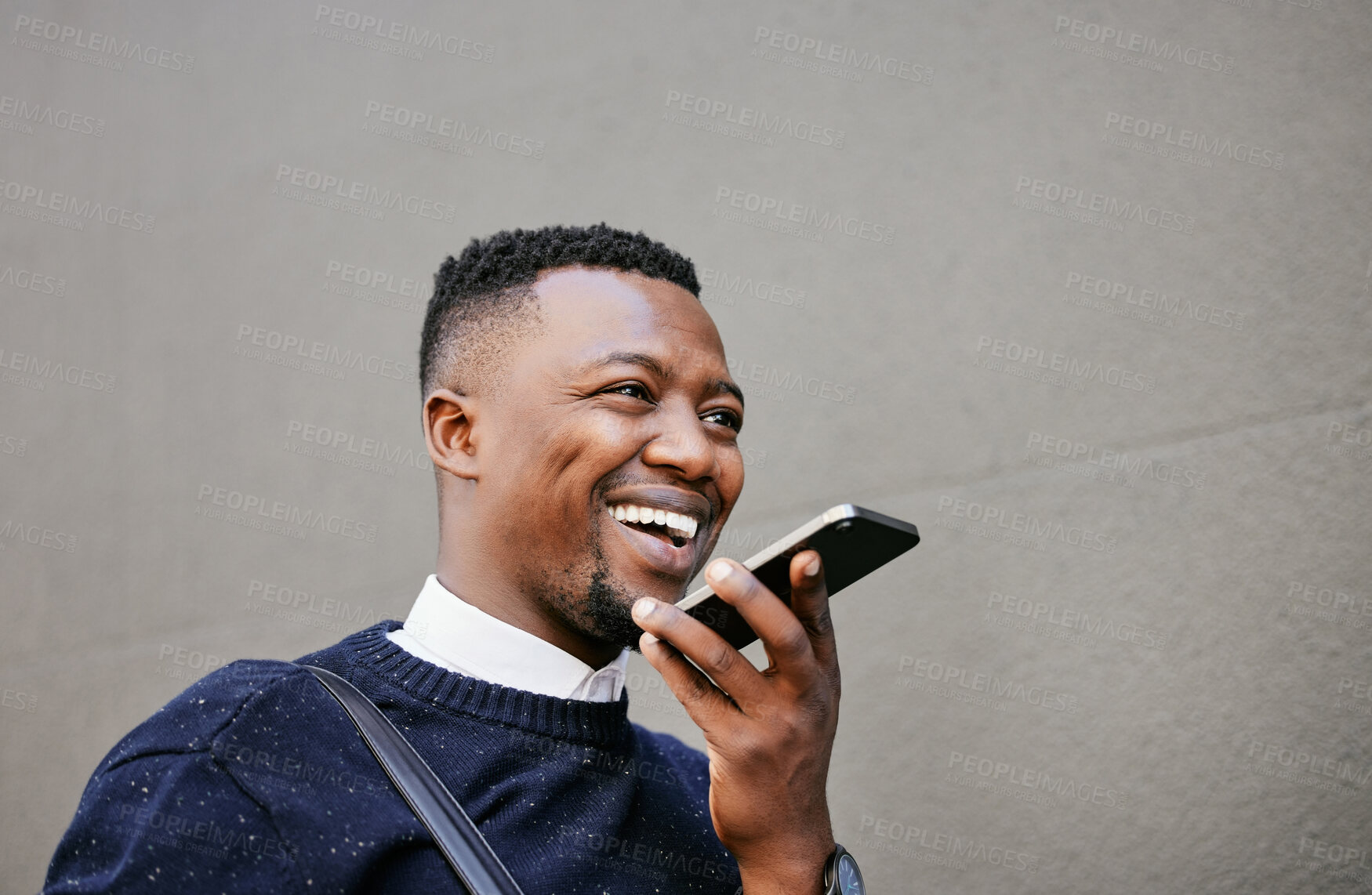 Buy stock photo Black man, smile and phone call with travel in city of schedule, morning commute and waiting on transport. Person, mobile and audio with communication, luggage journey and map for direction outdoor