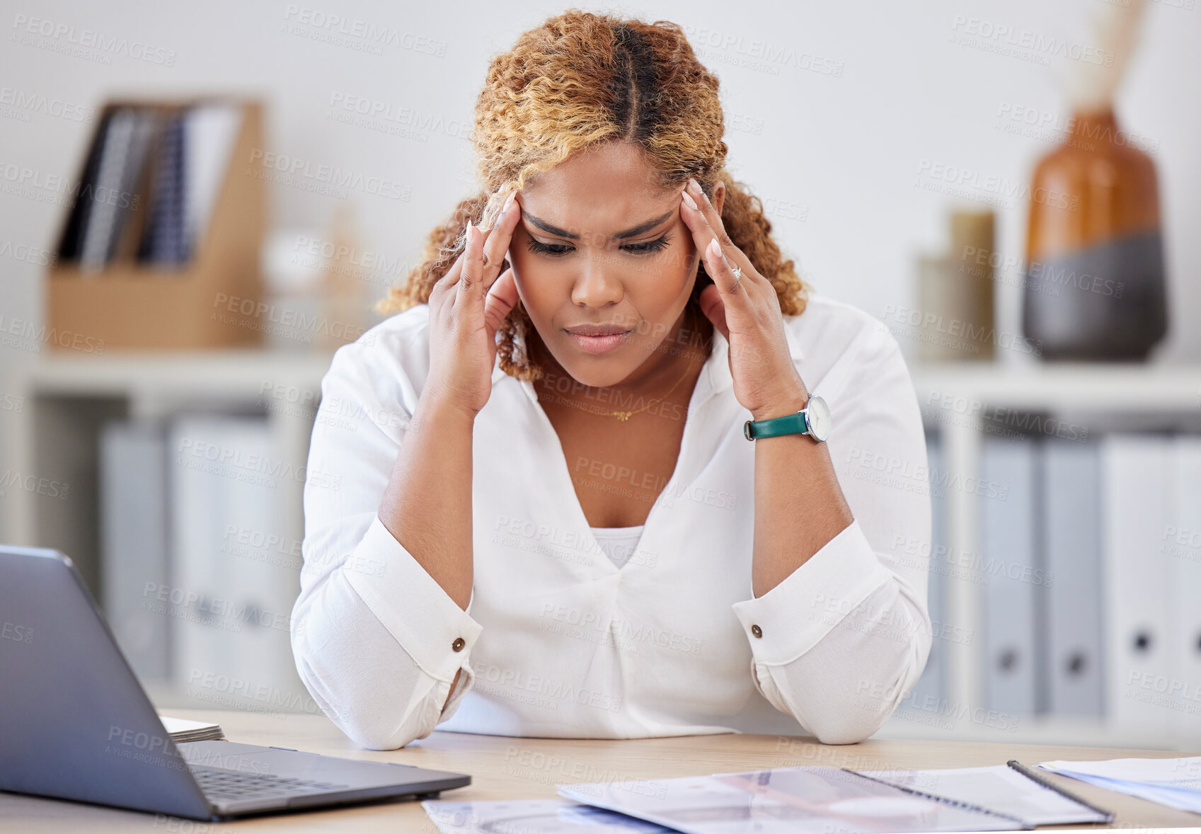 Buy stock photo Mental health, businesswoman with headache and stress at her desk in a office. Depression or fatigue, problem or mistake and female person sitting at her desk with anxiety at modern workplace.