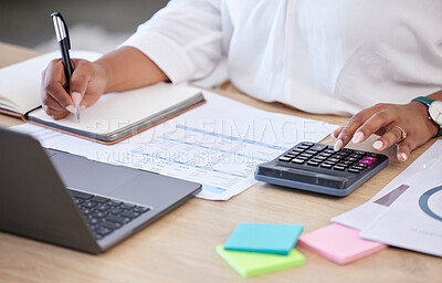 Buy stock photo Budget, accountant with calculator and notebook with laptop calculating finance in a modern office. Financial planning or audit, accounting or expenses and female person working at workspace