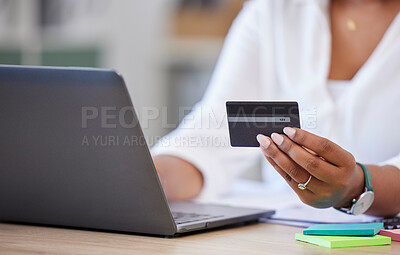 Buy stock photo Credit card, laptop and business woman hands for online shopping, financial payment and banking for creative career. Office person typing on computer for web registration, e commerce and fintech loan