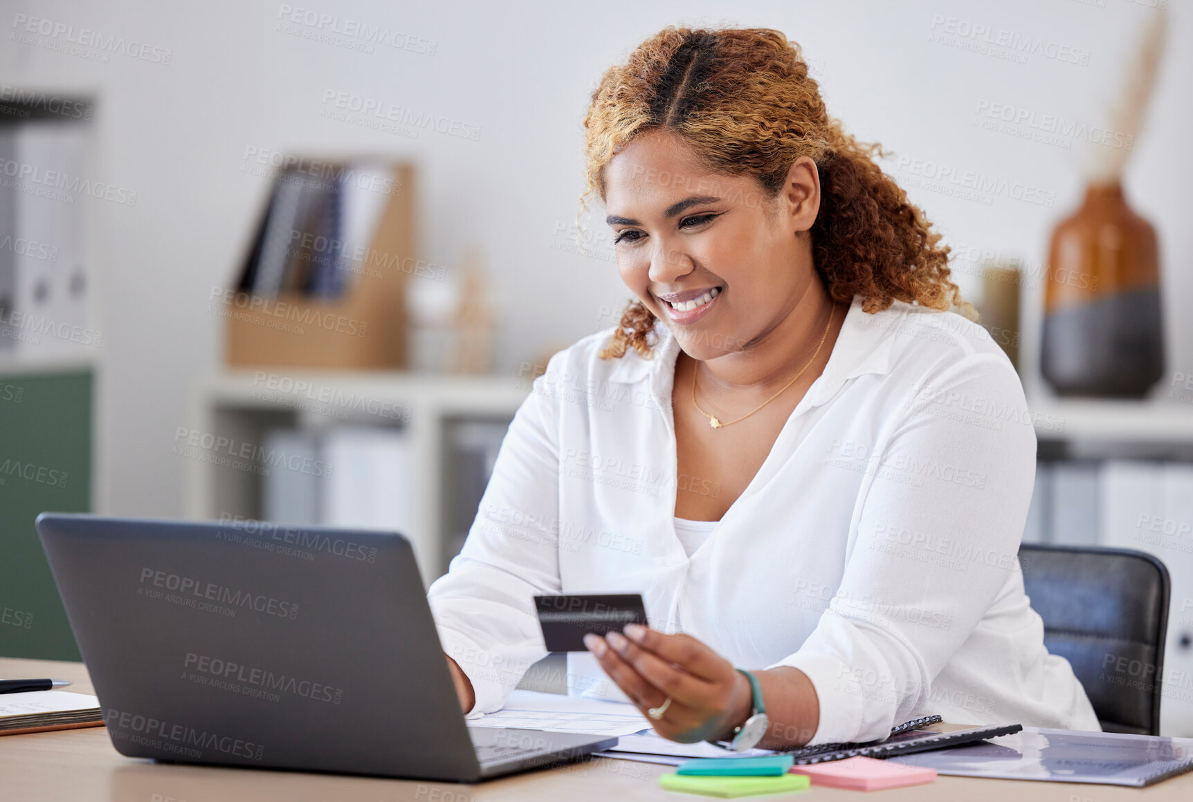 Buy stock photo Credit card, computer and business woman in online shopping, financial payment and HR banking in office. Human Resources, african person and e commerce, laptop and loan, web or fintech registration