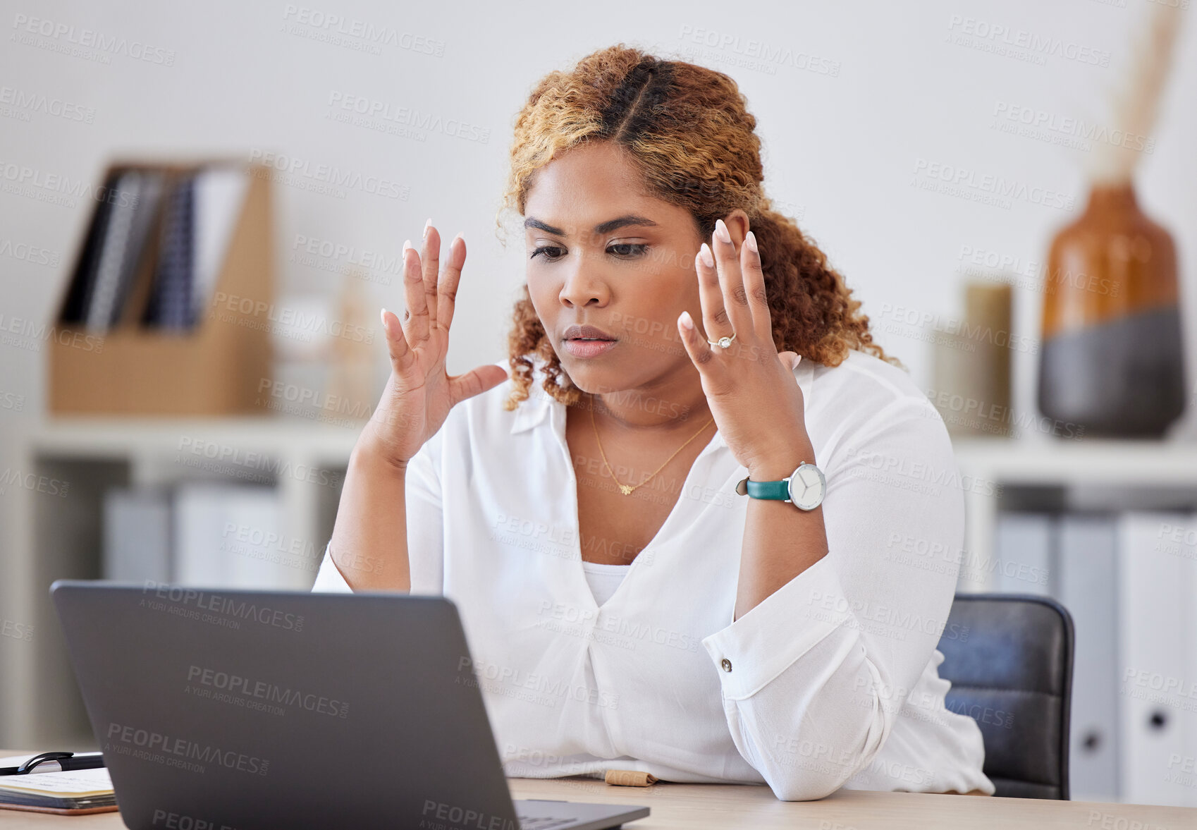 Buy stock photo Frustrated, stress and business woman on laptop for Human Resources management mistake, 404 error or fail. Angry, confused and african person in HR reading wrong email, glitch or problem on computer