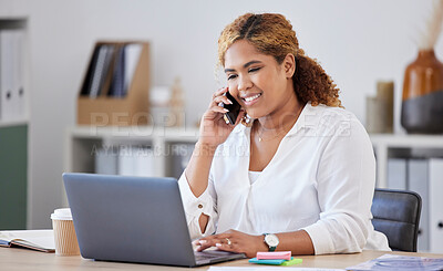 Buy stock photo Online communication, businesswoman on smartphone and laptop at her workstation in office. Networking or connectivity, support or crm and female person with cellphone have conversation at workplace