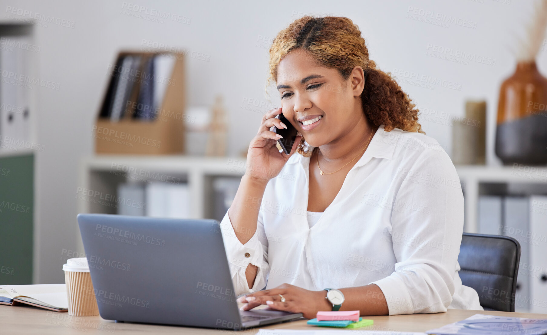 Buy stock photo Online communication, businesswoman on smartphone and laptop at her workstation in office. Networking or connectivity, support or crm and female person with cellphone have conversation at workplace