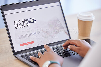 Buy stock photo Laptop, website screen and woman for strategy research for company growth, planning and ideas. Computer, corporate and hands of female worker typing for online search, innovation and business tips