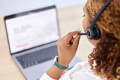 Buy stock photo Consultant, back view of call center agent with headset and laptop at her desk at workplace. Online communication or network, customer service or telemarketing and female person with crm at work