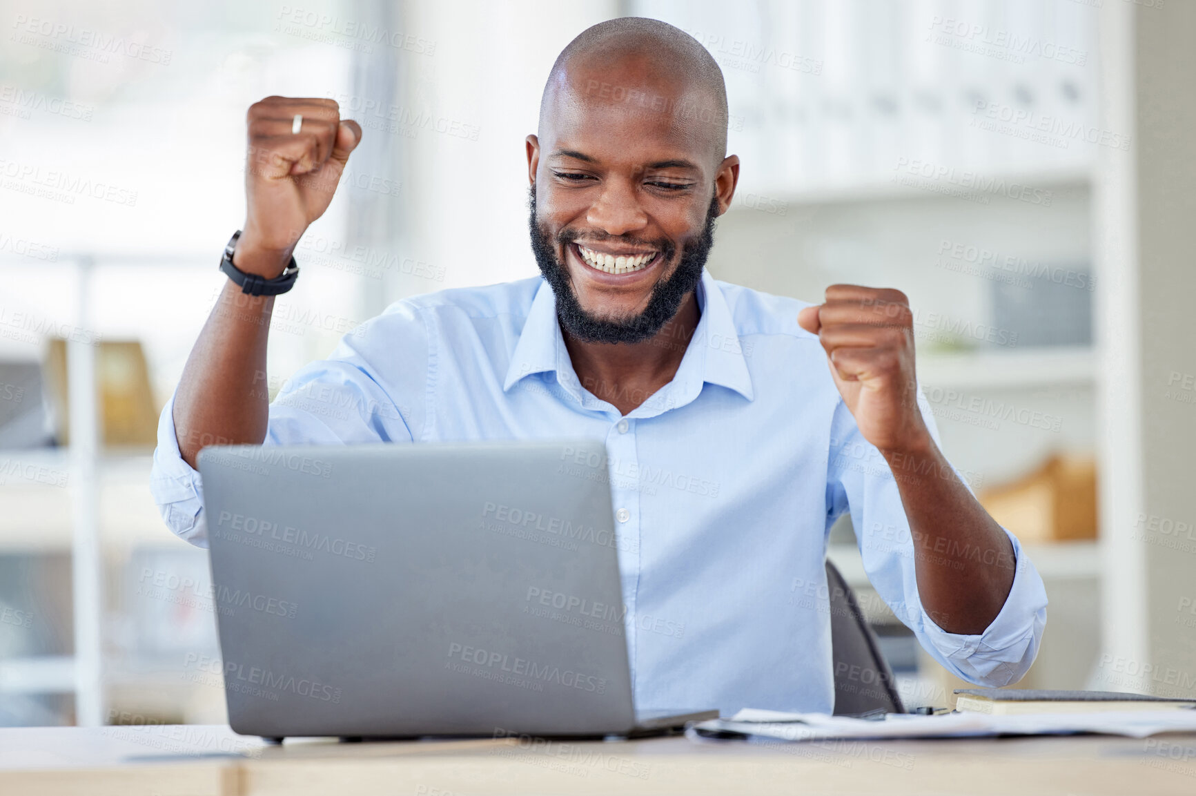 Buy stock photo Laptop, business and celebration of black man, winner and success in office. Computer, excited and African person celebrate goals, target or lottery, prize or good news for promotion, bonus or reward