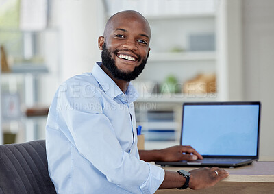 Buy stock photo Screen, laptop and portrait of black man tech company entrepreneur search or working on internet, online and web. Worker, smile and happy employee typing to connect to a website in an office