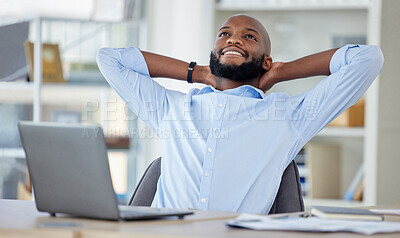 Buy stock photo Relax, business and black man stretching, laptop and smile with confidence, project or startup success. Male person, consultant or employee with completed task, 
professional or career with happiness