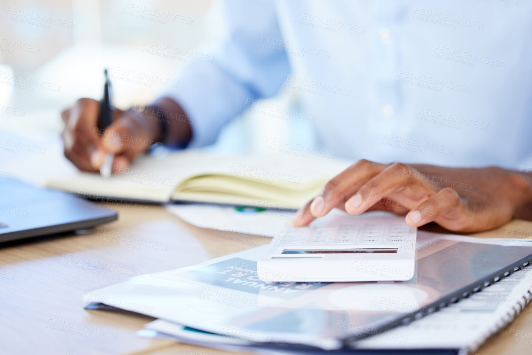 Buy stock photo Business, closeup and black man with a calculator, writing and notebook with planning, finance and budget. Male person, accountant and employee with documents, paperwork and folders with numbers