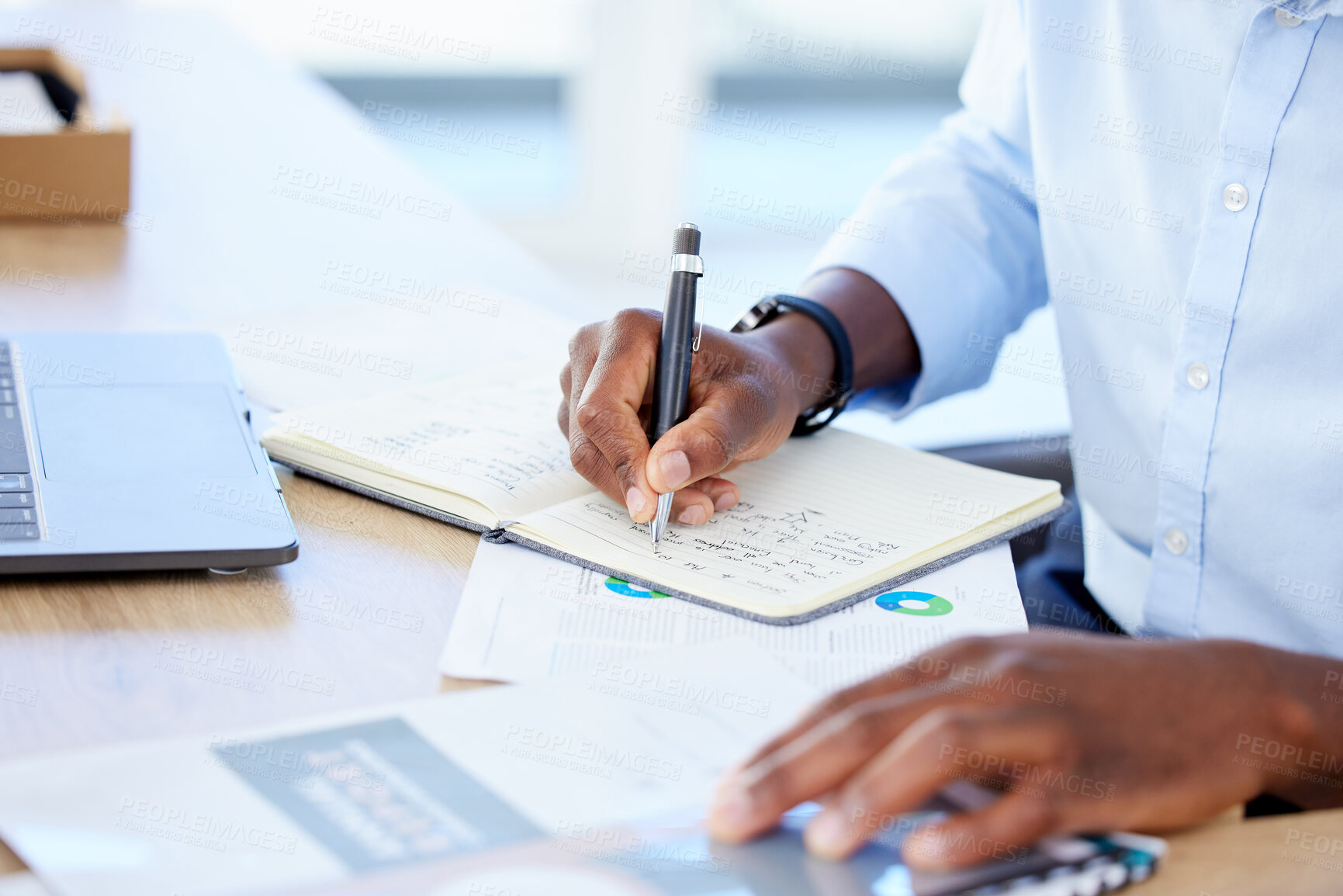 Buy stock photo Accountant, closeup and black man with a calculator, writing and notebook with a budget, documents or planning. Male person, investor or employee with paperwork, research or check list in a workplace