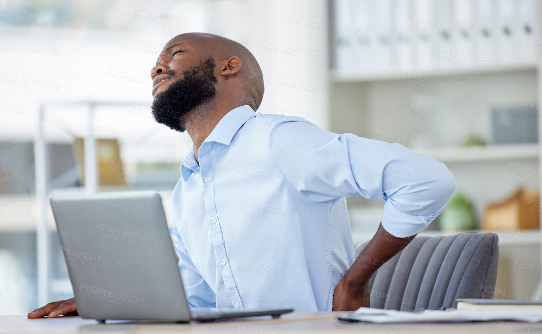 Buy stock photo Black man in business, back pain and injury with health problem and muscle inflammation, professional in office and fibromyalgia. Corporate male person has backache, bad posture and medical emergency