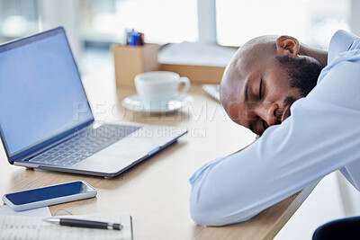 Buy stock photo Sleeping, tired and business with black man in office for frustrated, fatigue and overworked. Exhausted, stress and deadline problem with male employee for overwhelmed, mental health and dreaming