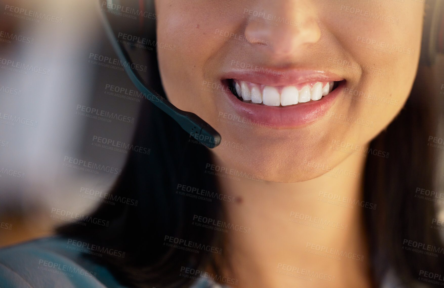Buy stock photo Closeup of one happy caucasian call centre telemarketing agent with big smile talking on headset while working in office. Face of confident friendly businesswoman operating helpdesk for customer service and sales support