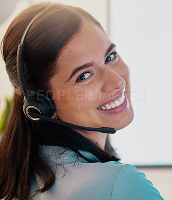 Buy stock photo Call center, portrait and happy woman in office for customer service, telemarketing or support. Face, smile and female sales agent, consultant or employee from Canada working, consulting and business