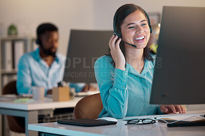 Buy stock photo Agent, call center and woman with telemarketing, customer service and communication in an office. Female person, consultant and employee with headphones, tech support and advice with help and a smile