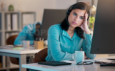 Buy stock photo Call center, bored and tired woman in office for customer service or support at night. Telemarketing, computer and fatigue of female sales agent, burnout consultant or lazy employee with crm deadline