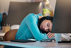 One young caucasian call centre telemarketing agent sleeping in an office. Businesswoman feeling overworked, tired and demotivated while operating helpdesk. Lazy consultant slacking and ignoring customers by taking a nap. Burnout and stress in workplace
