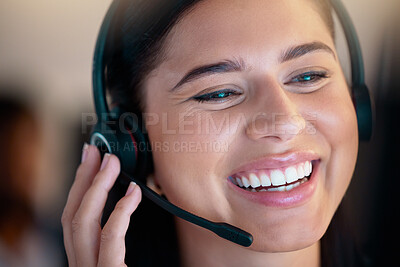 One happy young smiling caucasian call centre telemarketing agent talking on headset in office. Face of confident and friendly businesswoman operating helpdesk for customer service and sales support