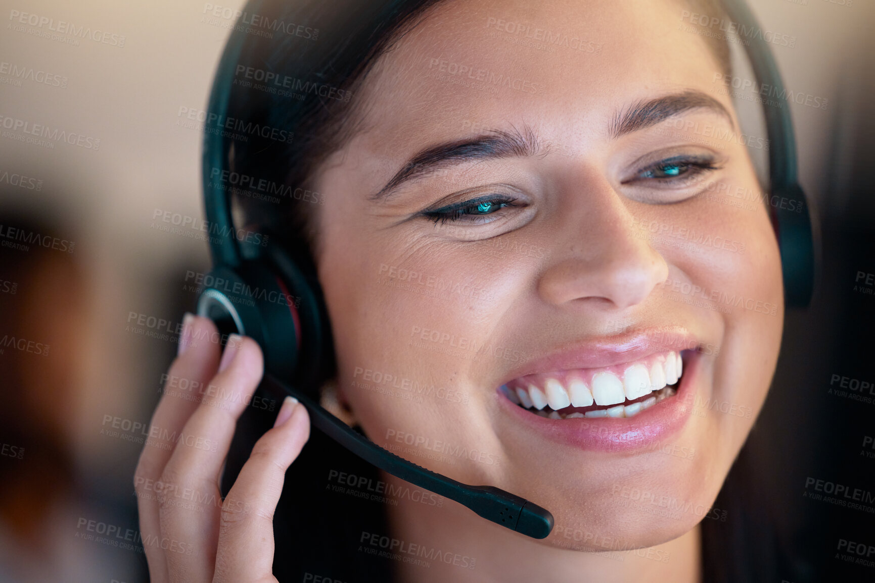 Buy stock photo Call center, happy and woman in office for customer service, telemarketing or support. Contact us, crm and female sales agent, consultant or professional working, consulting or help desk for business