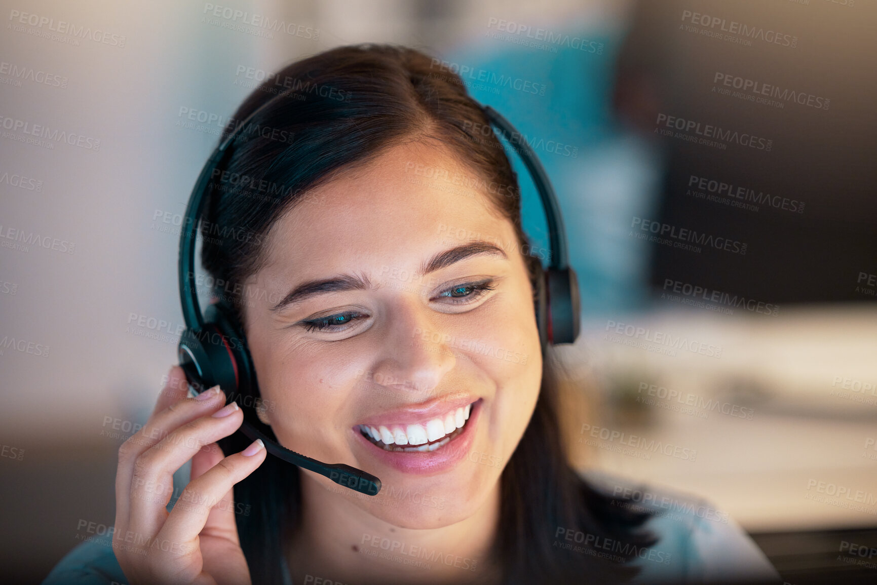 Buy stock photo Call center, smile and business woman in office for customer service, telemarketing or support. Crm, contact us and happy female sales agent, consultant or employee working, consulting and help desk.