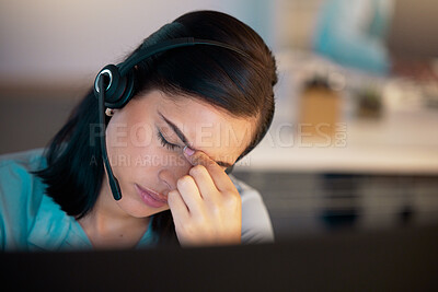 Buy stock photo Call center, headache and woman with stress in office for customer service, telemarketing or support. Problem, burnout or female sales agent, consultant or employee with depression, mistake or crisis
