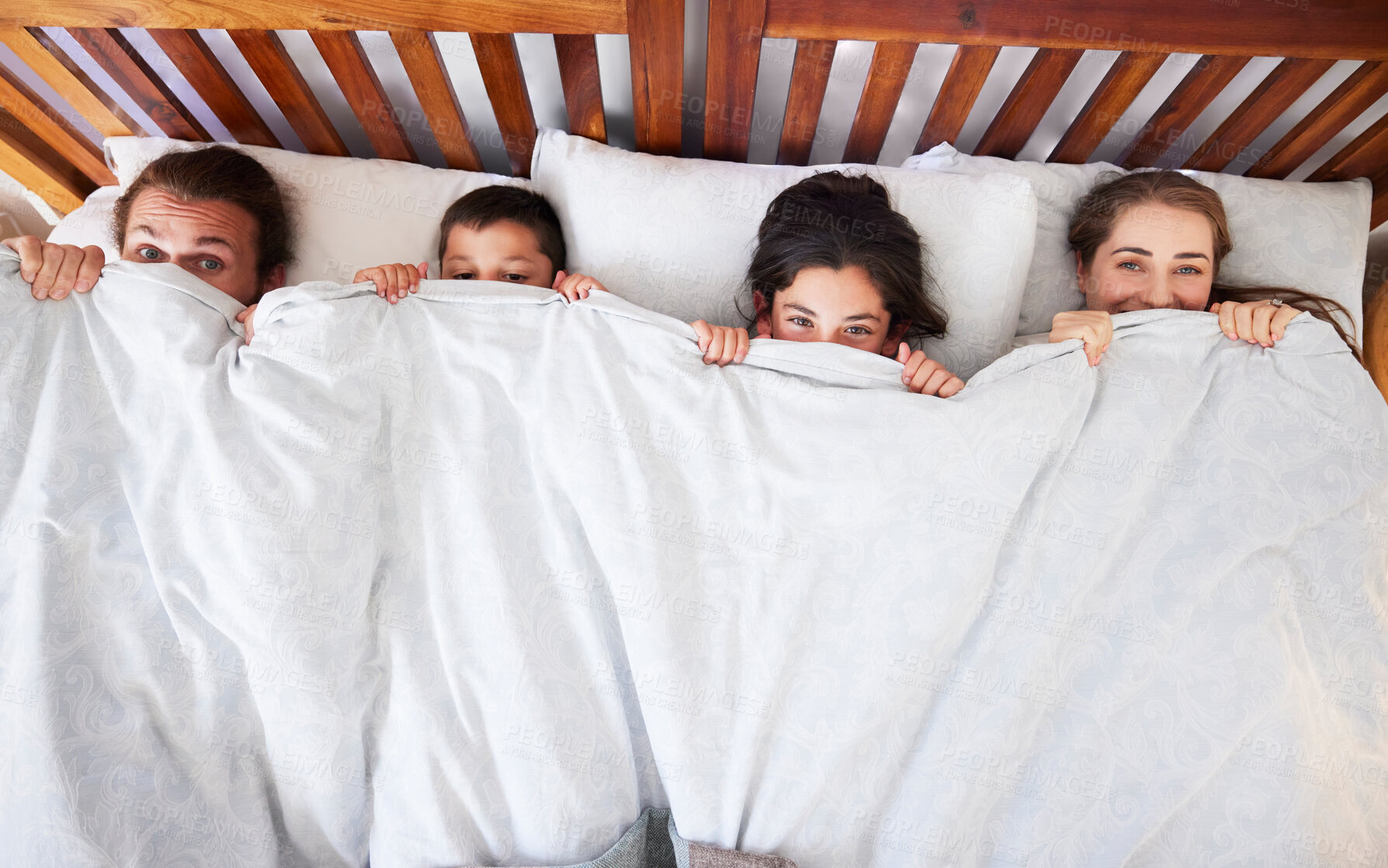 Buy stock photo Above view of happy young caucasian family with two children lying in bed and pulling blanket over their noses. Two parents with daughter and son spending time and having a lazy morning peeking from under white comforter