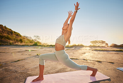 Buy stock photo Full length yoga woman holding crescent moon pose in outdoor practice in remote nature. Beautiful caucasian person using mat, balancing while stretching alone at sunset. Young, active, zen and serene