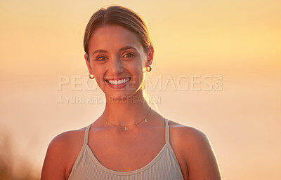 Buy stock photo Portrait of yoga woman outside after outdoor practice in remote nature at sunset. Beautiful smiling young caucasian standing alone. One happy healthy person feeling cheerful, content, zen and mindful