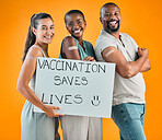 Covid vaccinated diverse group of people showing and holding poster. African american man and woman with mixed race woman isolated on yellow studio background with copyspace. Promoting corona vaccine