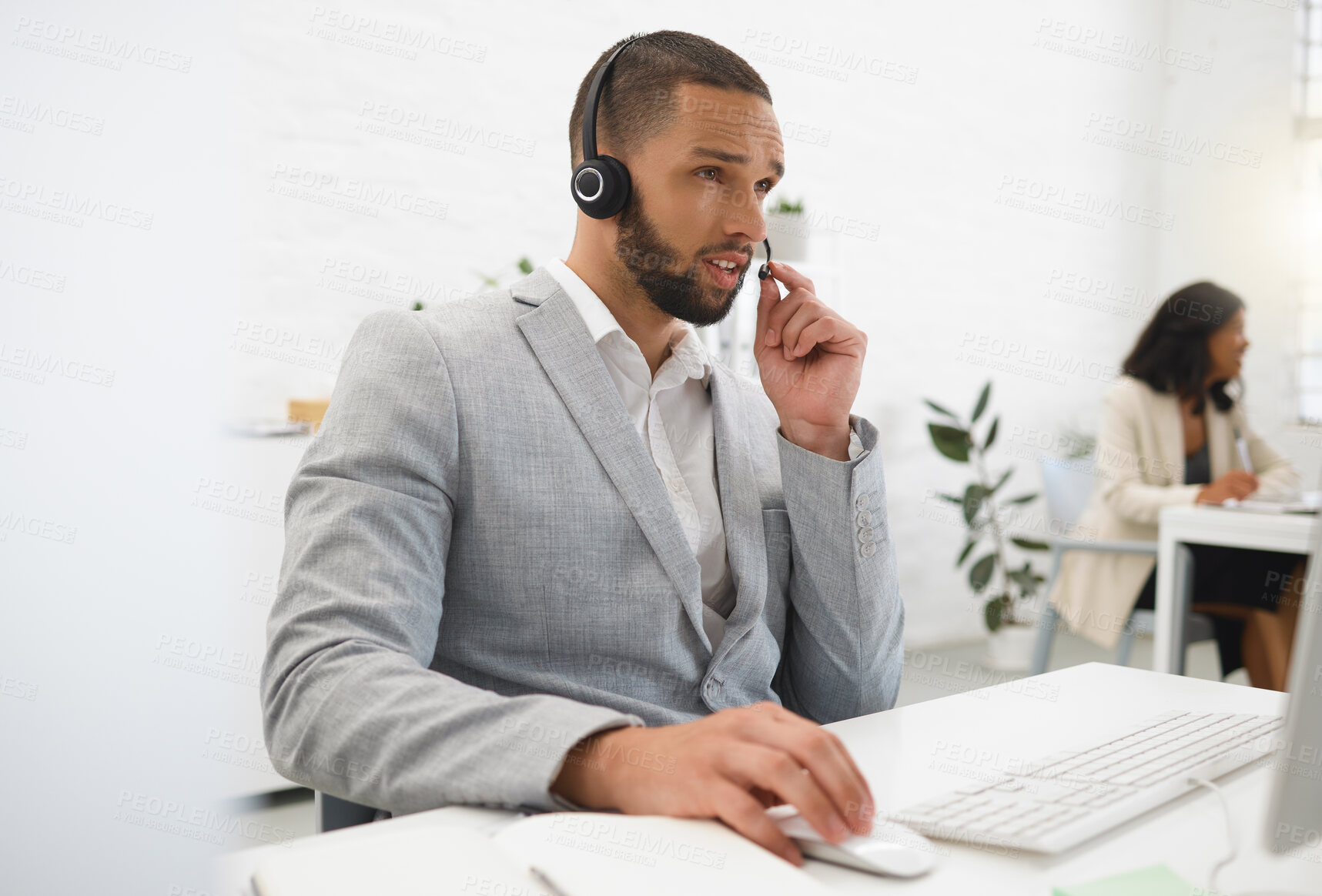 Buy stock photo Advisor, computer and businessman in call center talking for loan advice, online help and consulting. Mic headset, finance consultant or agent typing on live chat for insurance service, CRM support