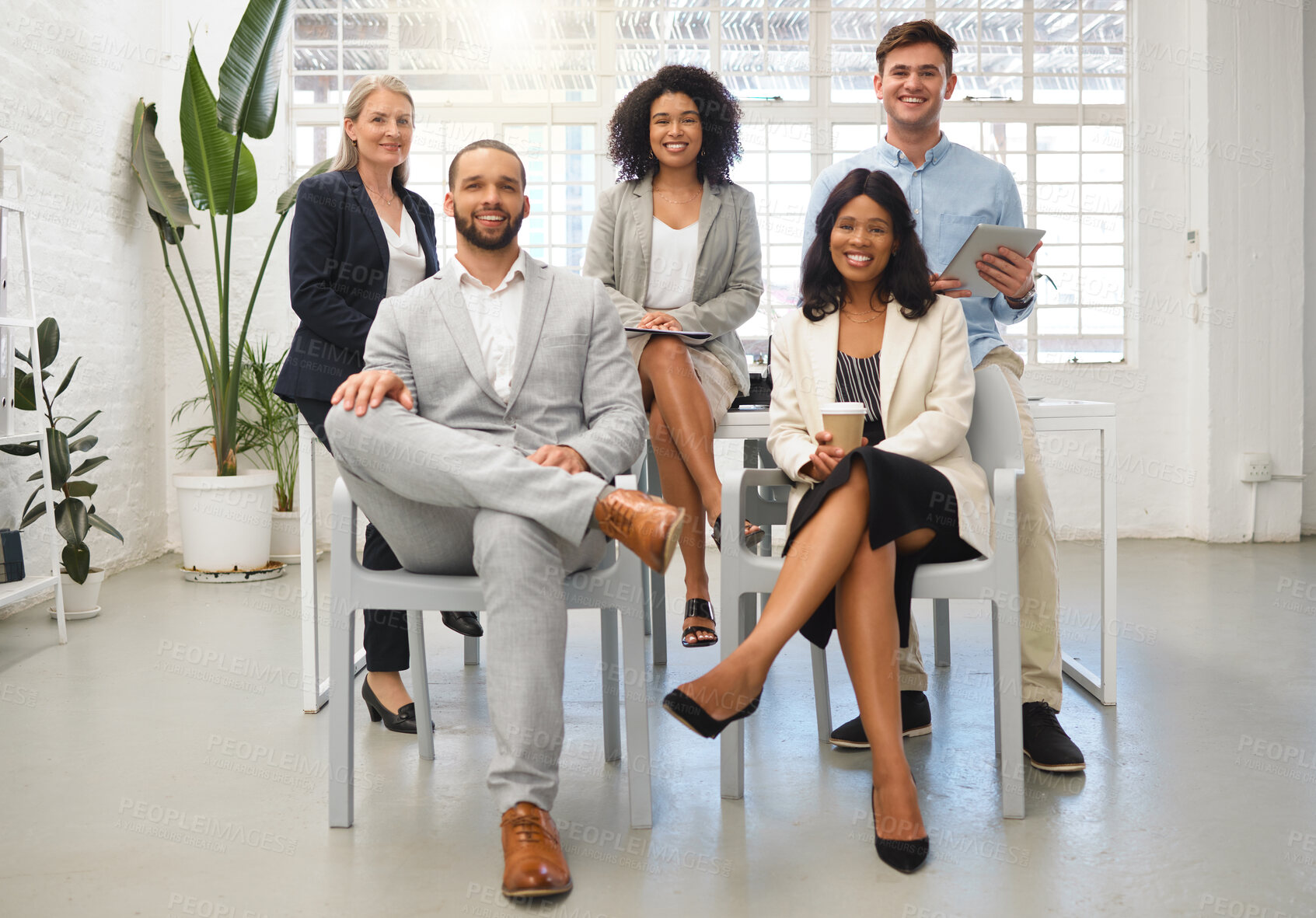 Buy stock photo Business people, portrait and team with leader for diversity as internship, candidates and opportunity. Group, about us and pride for office, company and training as creative consultant in mentorship