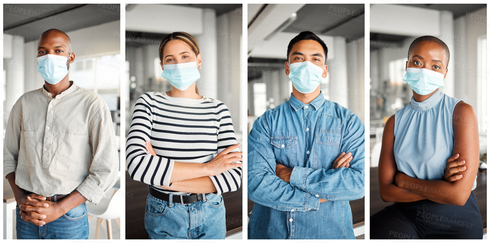 Buy stock photo Young diverse businesspeople standing with their arms crossed and wearing a mask at work. Business professionals wearing a mask protecting from a virus and standing in an office at work