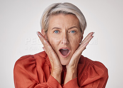 Buy stock photo Shocked, surprised and old face of a beautiful senior woman with a wow facial expression. Portrait of an old and elderly female in shock about a retail sale deal, secret or good news or announcement