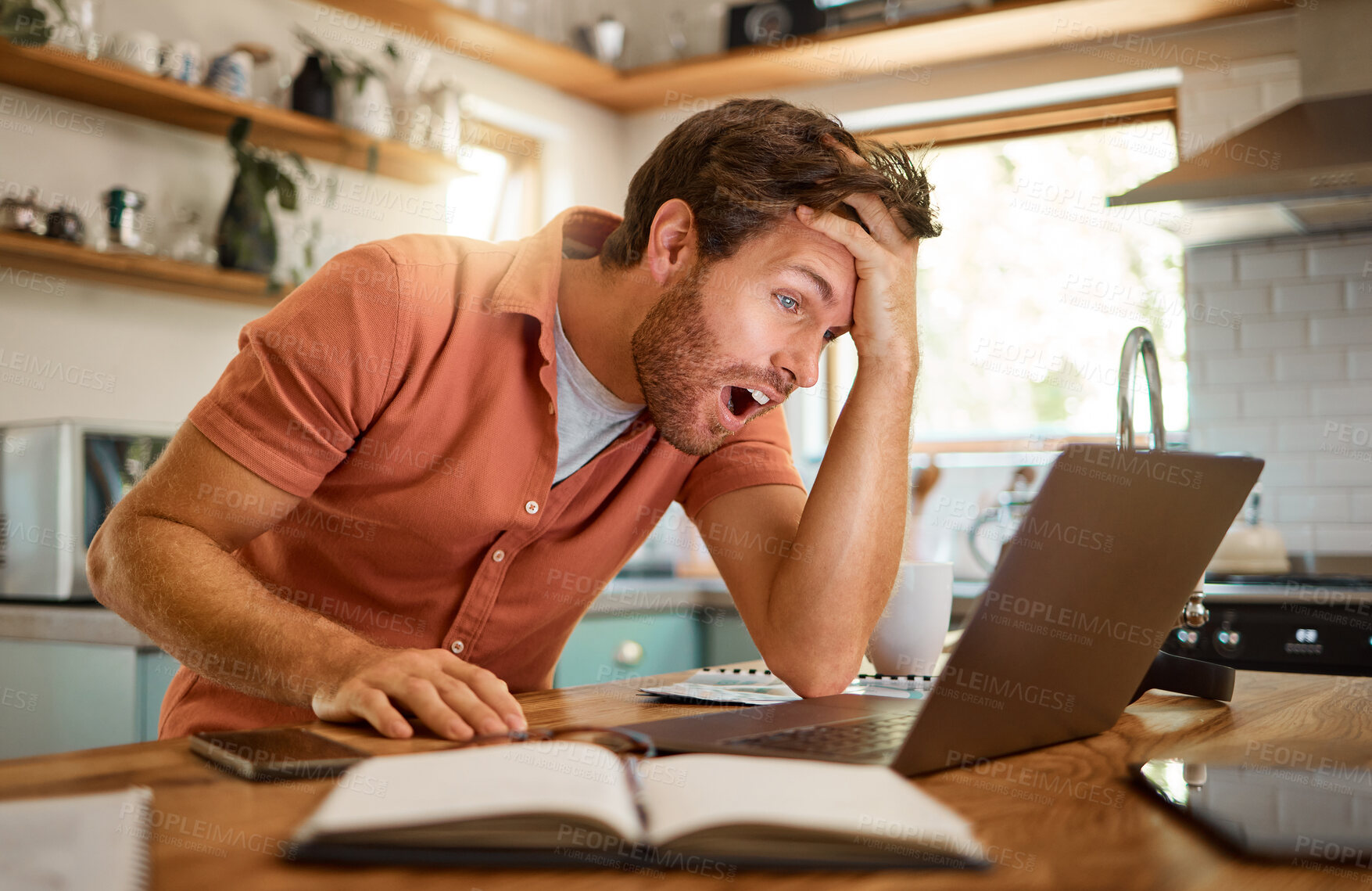 Buy stock photo Surprise, laptop and business man in kitchen for freelancer, remote work and confused. Stress, glitch and crisis with shocked male person at home for notification, technology and networking problem