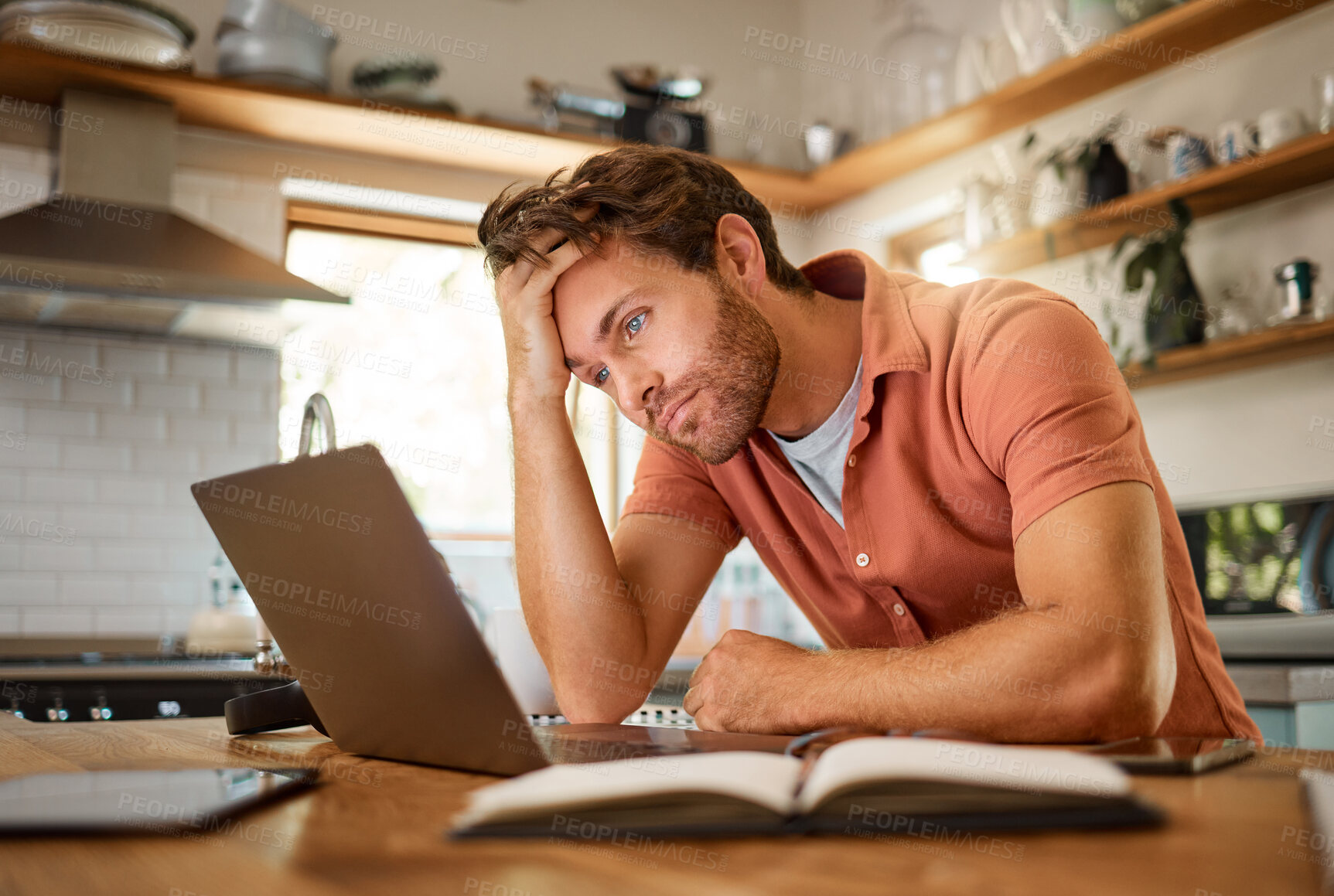 Buy stock photo Stress, laptop finance and planning man thinking of home loan, investment savings and future money growth goals in house kitchen. Anxiety, burnout or sad guy with debt depression after trading budget