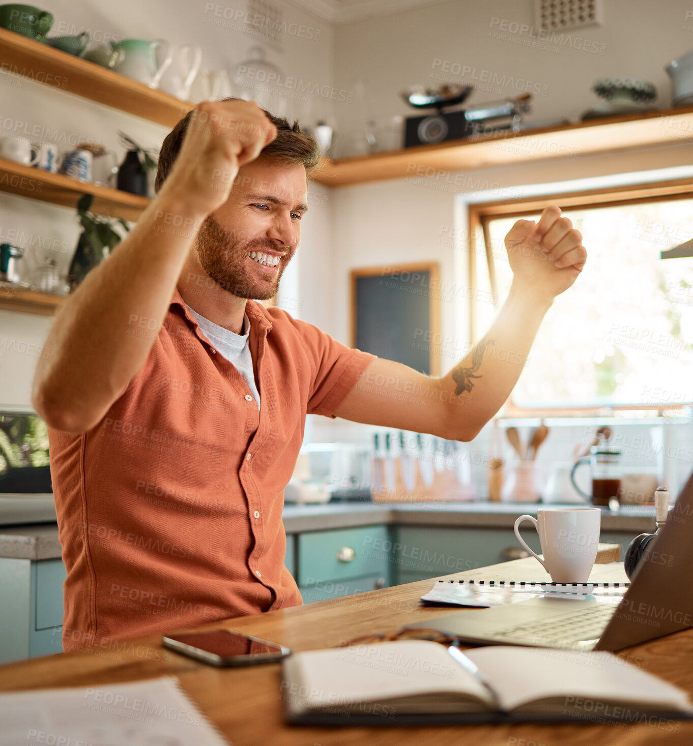 Buy stock photo Man, fist and celebration on laptop for success, good news  or winning in bonus promotion on table at home. Happy male person or freelancer in joy for victory, sale or discount in lottery or prize