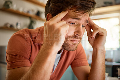 Buy stock photo Thinking, Headache and business man in kitchen for remote work, freelancer and mental health. Glitch, tired and frustrated with male person and massage at home for burnout, exhausted and anxiety