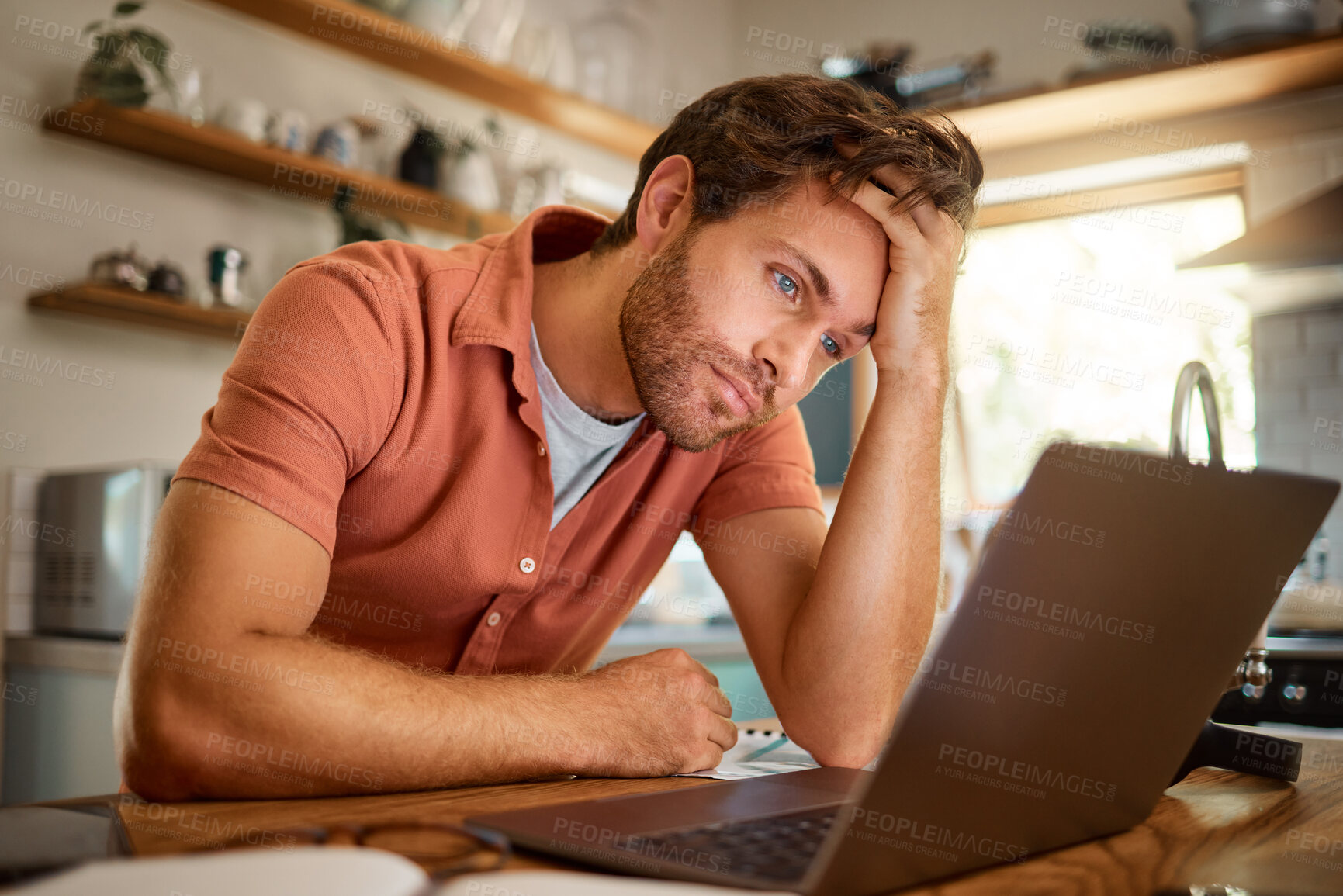 Buy stock photo Stress, laptop and business man in kitchen for remote work, freelancer and mental health. Technology glitch, tired and frustrated with male person at home for burnout, exhausted and anxiety