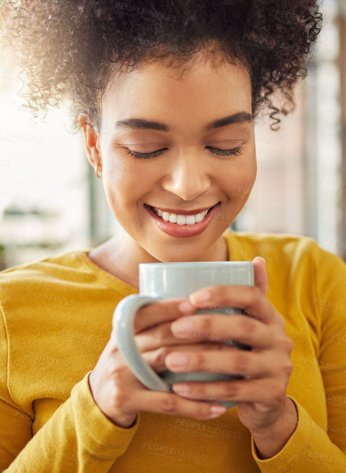 Buy stock photo African woman, coffee cup and smile in home, scent and energy to start morning in apartment. Girl, happy and drink to relax with cocoa, matcha and espresso with fragrance, thinking and mug in house