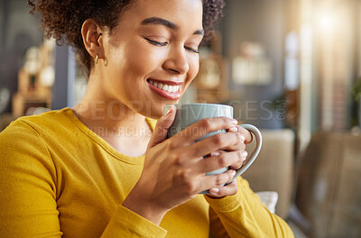 Buy stock photo African woman, coffee cup and happy on couch, scent or energy to start morning in apartment. Girl, smile and warm drink to relax with coco, matcha or espresso for fragrance, thinking and mug in house
