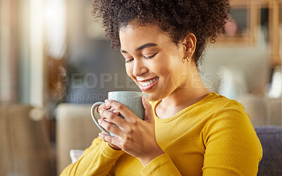 Buy stock photo African woman, coffee and smile on sofa with scent, flavor and energy to start morning in apartment. Girl, happy and drink to relax with tea, matcha or espresso with smell, thinking and mug in house