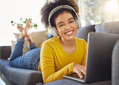 Buy stock photo Laptop, headphones and woman portrait on sofa for e learning, online education and music streaming on website service. Happy student or african person on couch, audio technology and computer for home