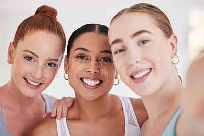 Buy stock photo Closeup on face of friends taking a selfie. Happy friends taking a photo in pilates class. Group of beautiful friends taking a selfie in yoga class. Friends bonding before exercise class