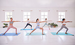 Group of women stretching in yoga class. Flexible women balance and stretch in yoga exercise. Young women standing in asana pose in yoga class. Dedicated women exercise together