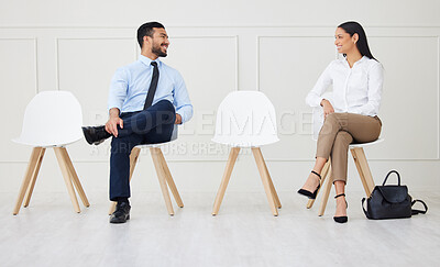 Buy stock photo Discussion, chair and business people waiting for interview, job vacancy and opportunity in office. Corporate workplace, recruitment and man and woman talking, speaking and in conversation for hiring