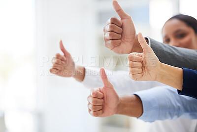 Buy stock photo Closeup, business and group with thumbs up, agreement and approval with collaboration, teamwork and solidarity. Zoom, staff or team with hand gesture, symbol and achievement with emoji and support