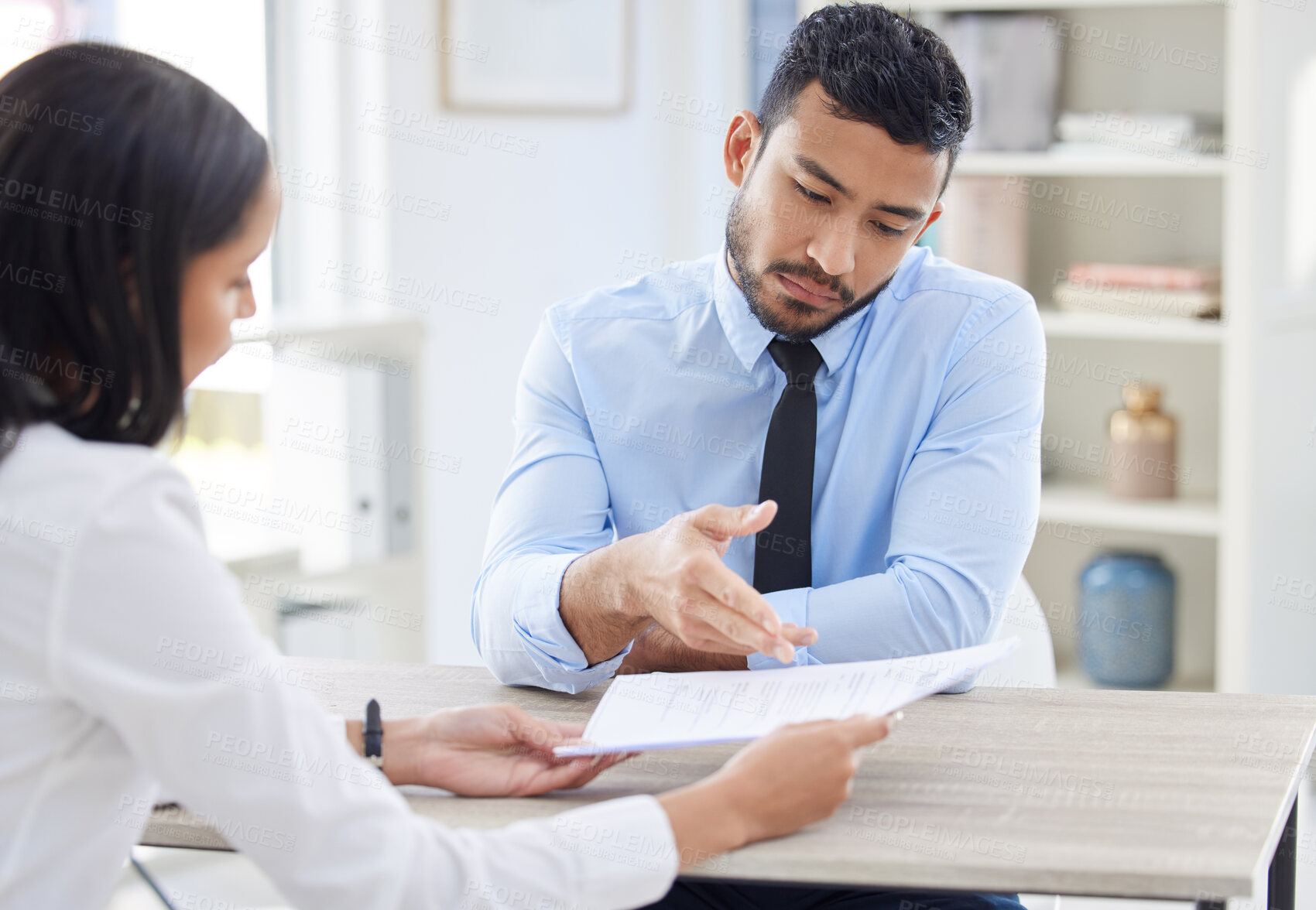 Buy stock photo Meeting, CV and business people in discussion for interview, job vacancy or opportunity in office. Corporate, recruitment and man and woman talking, speak and in conversation for hiring with document